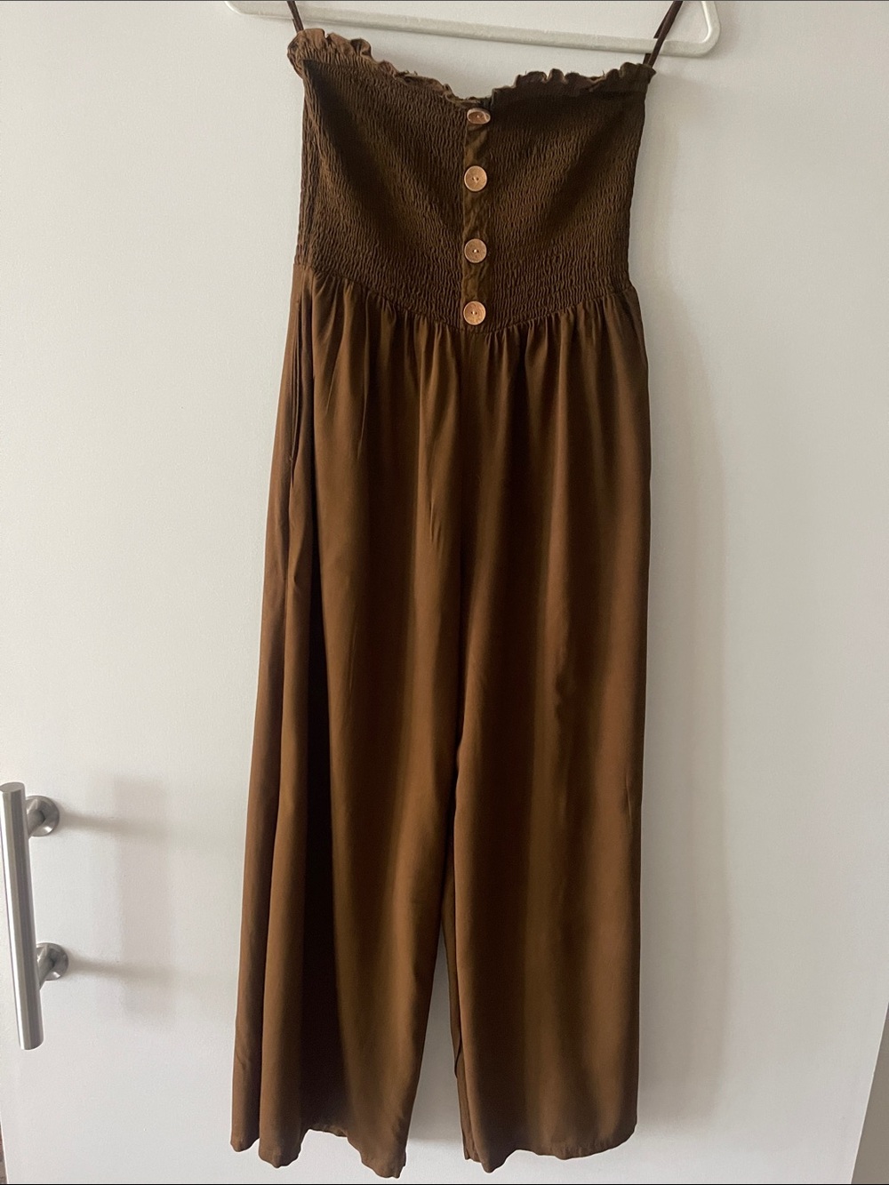 Strapless Brown Wide-Leg Jumpsuit with Button Front